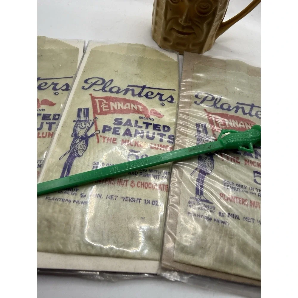 (4) Vintage Planters Mr Peanut Wax Bags Lot 1930s-50s (NOS) + Cup & Stirrer